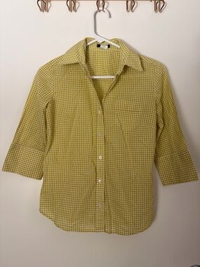 J Crew Lime Green Gingham Plaid 3/4 Sleeve Button Down